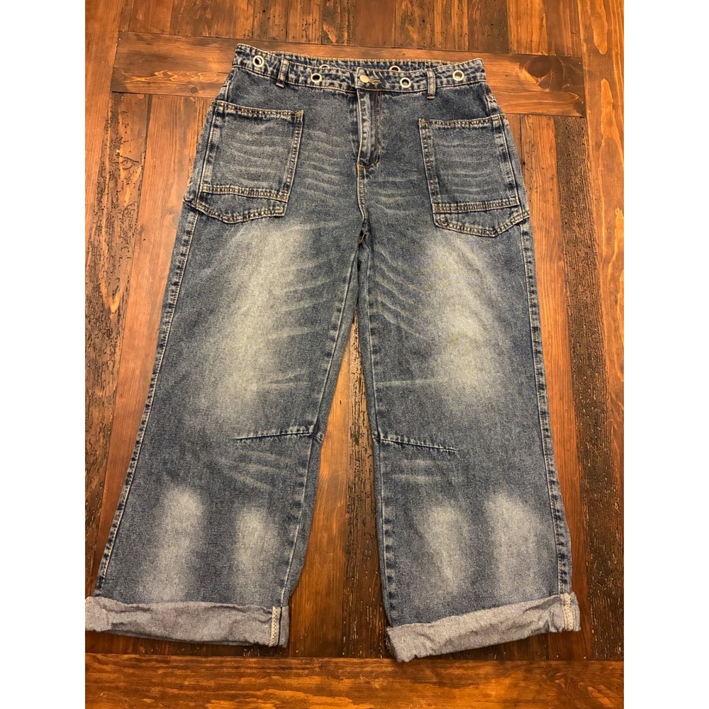 Baggy Oversized Pocket Barrel Jeans Women's XL Loop Waist Faded Boho Indie Cute